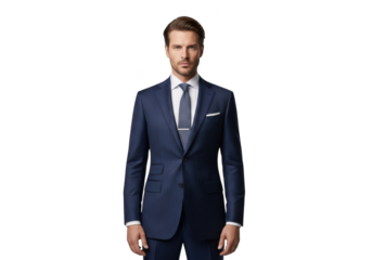 Professional businessman in navy blue suit and tie portrait - stock photo of elegant man in formal wear isolated on transparent background