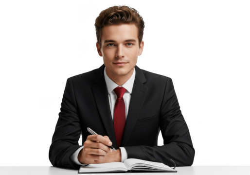 Professional businessman writing in notebook png image for presentations and design projects isolated on transparent background