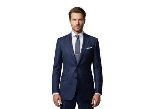 Professional businessman in navy blue suit and tie portrait - stock photo of elegant man in formal wear isolated on transparent background