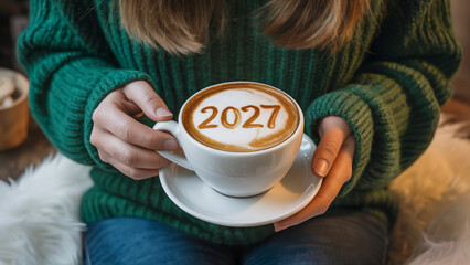 2027 coffee cup with latte art design, cozy winter morning drink held by woman in green sweater, warm frothy cappuccino with new year numbers, seasonal holiday cafe beverage, relaxing lifestyle concep