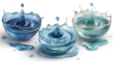 Three liquid splashes in bowls, various shades of blue