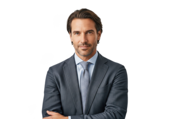 Professional businessman in suit portrait, confident executive, corporate leader, business attire isolated on transparent background