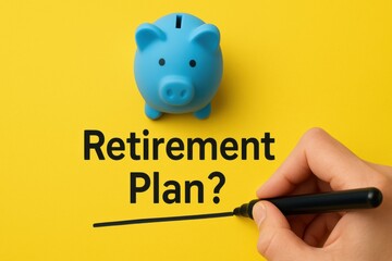 Life insurance retirement planning future financial. Bright piggy bank and hand writing "Retirement Plan?" on yellow background.