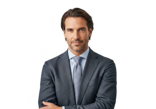 Professional businessman in suit portrait, confident executive, corporate leader, business attire isolated on transparent background