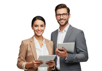 Professional business team with tablets, man and woman smiling, corporate professionals, isolated on transparent background
