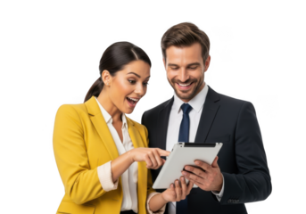 Excited business people woman and man looking at tablet screen, collaboration and success, isolated on transparent background