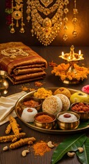 Traditional south indian festive arrangement with food saree and gold jewelry displayed beautifully