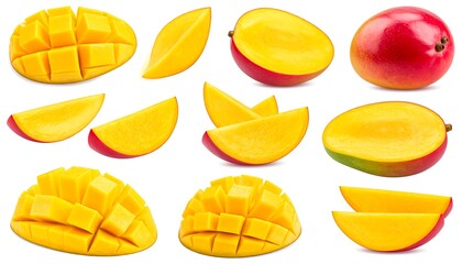Fototapeta premium Close-up collection of mango slices and whole fruit