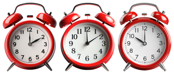 PNG Three red alarm clocks displayed, element set on transparent background