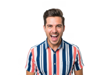 Excited young man cheering loudly with open mouth, wearing striped shirt, portrait photography, stock image, isolated on transparent background