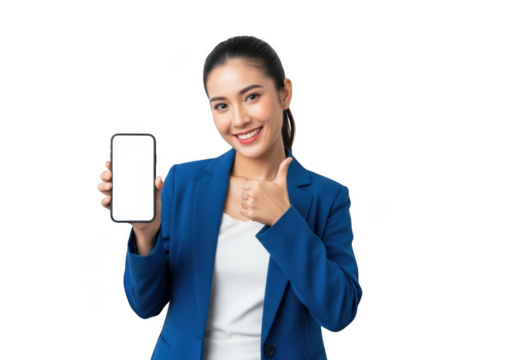 Smiling businesswoman holding smartphone with blank screen mockup, showing thumbs up gesture isolated on transparent background