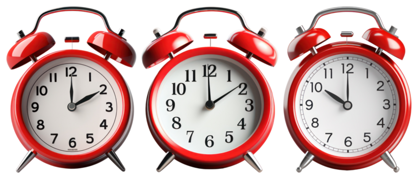 PNG Three red alarm clocks displayed, element set on transparent background