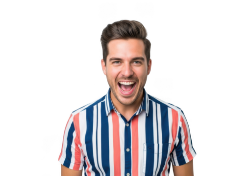 Excited young man cheering loudly with open mouth, wearing striped shirt, portrait photography, stock image, isolated on transparent background - Powered by Adobe
