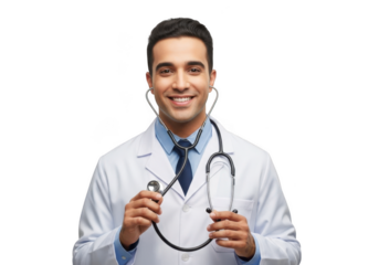 Smiling young male doctor in white coat holding stethoscope medical professional isolated on transparent background