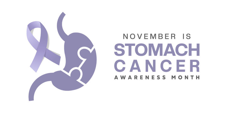 November is National Stomach Cancer Awareness Month. Stomach and ribbon. Suitable for posters, banners and social media. White background.