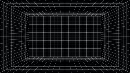 Abstract black and white grid tunnel background with perspective effect, creating a sense of depth and dimension