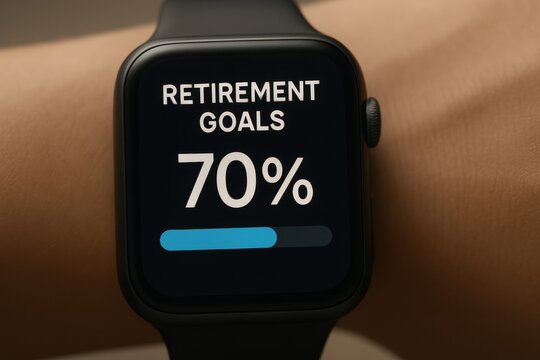 Life insurance retirement planning future financial. Smartwatch displaying retirement goals progress at 70%.