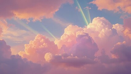 A serene sky filled with fluffy cumulus clouds, bathed in warm, pastel hues of pink and peach, showcasing sunbeams piercing through the clouds.