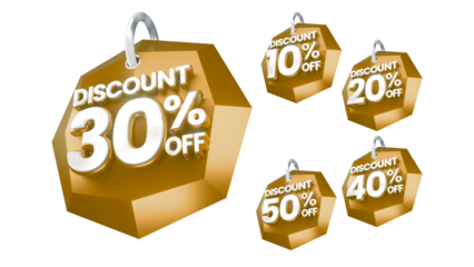 3D Gold Discount Labels Badge 10 20 30 40 50 Percent Off with Transparent Background for Ramadhan, christmas and other event sale