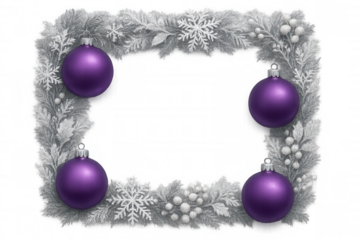 Christmas border frame featuring frosted fir branches, white berries, snowflakes, and vibrant purple ornaments, transparent background