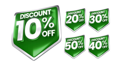 3D Green Discount Labels Badge 10 20 30 40 50 Percent Off with Transparent Background for Ramadhan, christmas and other event sale