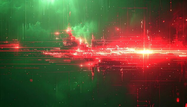 Abstract digital art, vibrant green and red hues,  dynamic patterns
