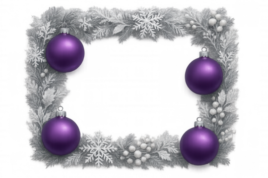 Christmas border frame featuring frosted fir branches, white berries, snowflakes, and vibrant purple ornaments, transparent background