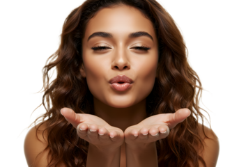 Beautiful young woman with closed eyes blowing a kiss, isolated on a white background, conveying affection and love