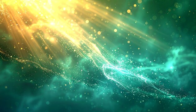 Abstract digital art with golden light rays and teal swirling particles