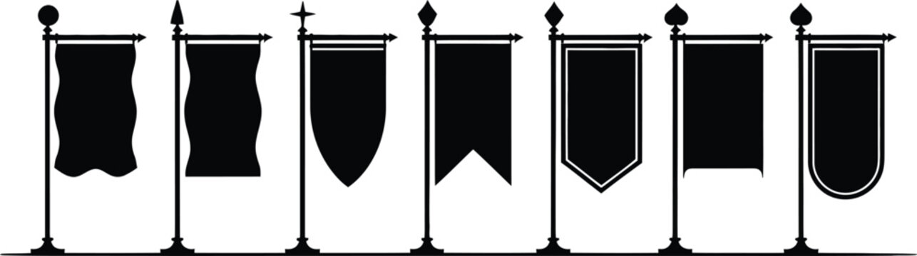 Collection of Black Silhouettes of Various Banner Flags on Poles