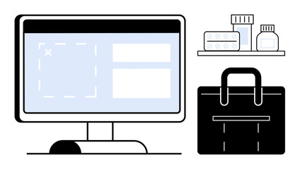 Desktop screen showing order interface, shopping bag, and medical products on shelf. Ideal for online shopping, digital retail, healthcare e-commerce, medication orders, pharmacy management, virtual