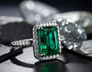 Close-up emerald ring on dark backdrop