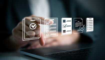 Businesswoman interacting with digital checklist documents on virtual interface. Concepts of task management, workflow, approval process, productivity, digital transformation and planning.