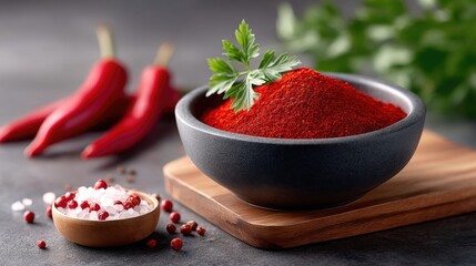 Red Paprika Powder in Black Bowl on Wooden Board with Red Chilies and Spices Dramatic Lighting