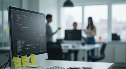 A computer monitor displaying lines of code is the focal point in a modern, brightly lit office setting.