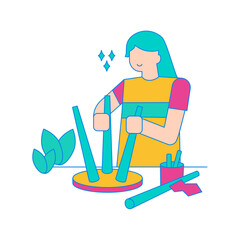 Fototapeta premium Fixing Stool. Person crafting with sticks and leaves isolated on transparent background.