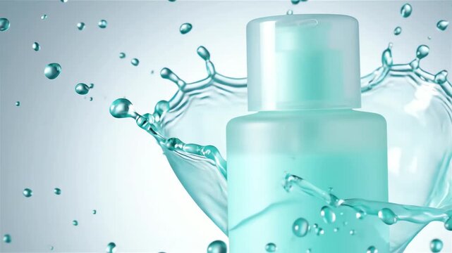 Refreshing shampoo bottle with water splash, perfect for hair care and beauty products