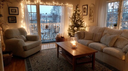 Fototapeta premium Cozy living room with armchair, carpet, and Christmas tree decorated with warm lights, soft glow from candles and window, comfortable holiday interior with sofa, coffee table, and festive atmosphere