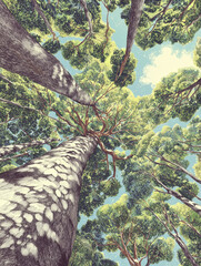 Looking Up at Tall Trees Forest Canopy with Blue Sky View, Perspective from Forest Floor to Tree Tops Nature Background.