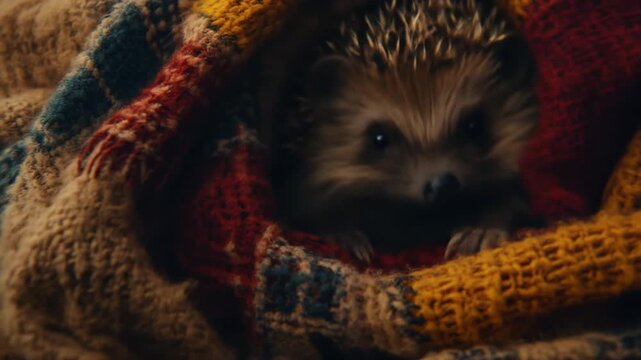 A cozy hedgehog nestled in a colorful blanket, exuding warmth.