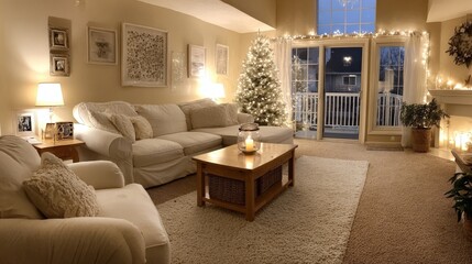 Fototapeta premium Cozy living room with armchair, carpet, and Christmas tree decorated with warm lights, soft glow from candles and window, comfortable holiday interior with sofa, coffee table, and festive atmosphere