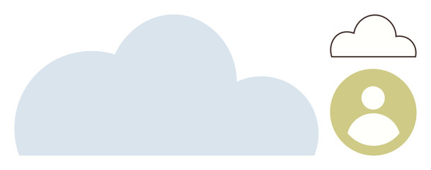 Large cloud with smaller outlined cloud and user profile icon. Ideal for data storage, technology, cloud computing, digital security, networking, user access, online services. Simple flat metaphor