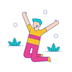 Happy. Joyful person jumping with arms raised in the air isolated on transparent background.