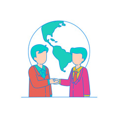 International Trade. Two businessmen shaking hands in front of a stylized globe isolated on transparent background.