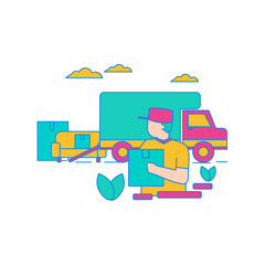 Moving Van. Delivery person with package and truck isolated on transparent background.