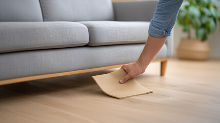 Person cleaning wooden floor under sofa symbolizing tidy and organized lifestyle
