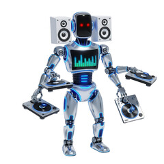 Futuristic DJ robot with glowing eyes and speakers on head, masterfully mixing music on multiple turntables, ready to electrify any party with its vibrant beats and dynamic performance.