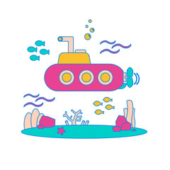 Submarine. Cute pink submarine exploring the ocean with fish and coral isolated on transparent background.
