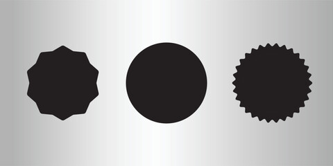 Black circle stickers set. Badge, seal silhouettes. Set of circular shapes with zigzag, wavy, and starburst edges. Blank labels for stamps, awards, logos. Graphic vector illustration.