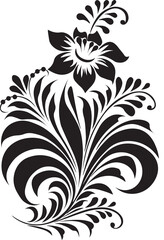 Ornamental Floral Design A classic black and white floral design element featuring elegant, curved leaves and intricate detailing. Perfect for use in decorative borders, logos